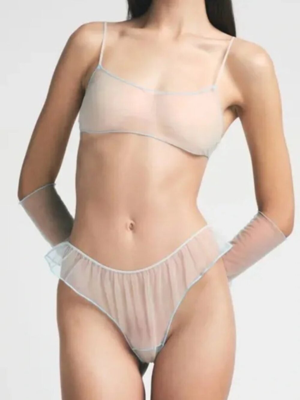 NWT SKIMS Tulle Sheer Sky Blue Flirty See-Through Ruffled Mesh Thong Small
